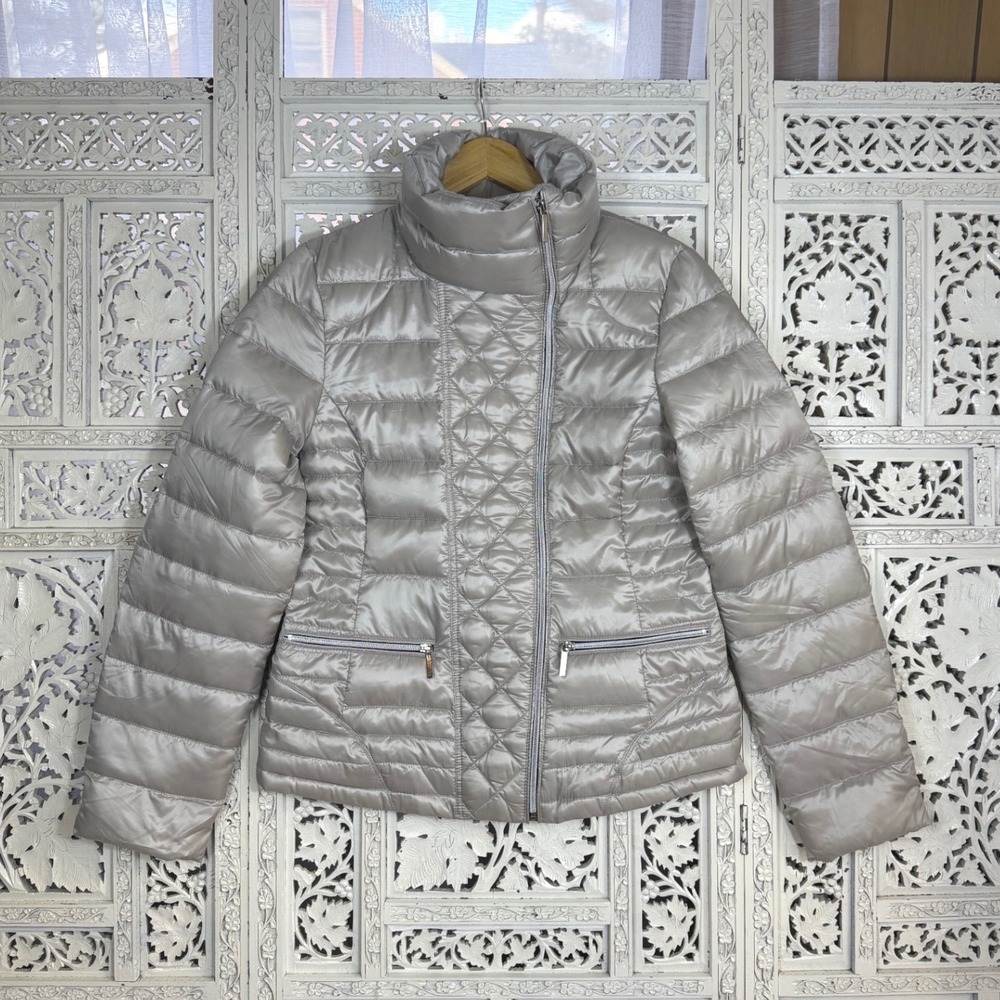 Laundry Shelli Secal Silver Gray Quilted Down Feather Puffer Jacket Sz Small